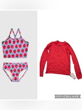 NWT QUINCE Tankini & Long Sleeve Raglan Rash Guard Set Strawberry Size 8 7195